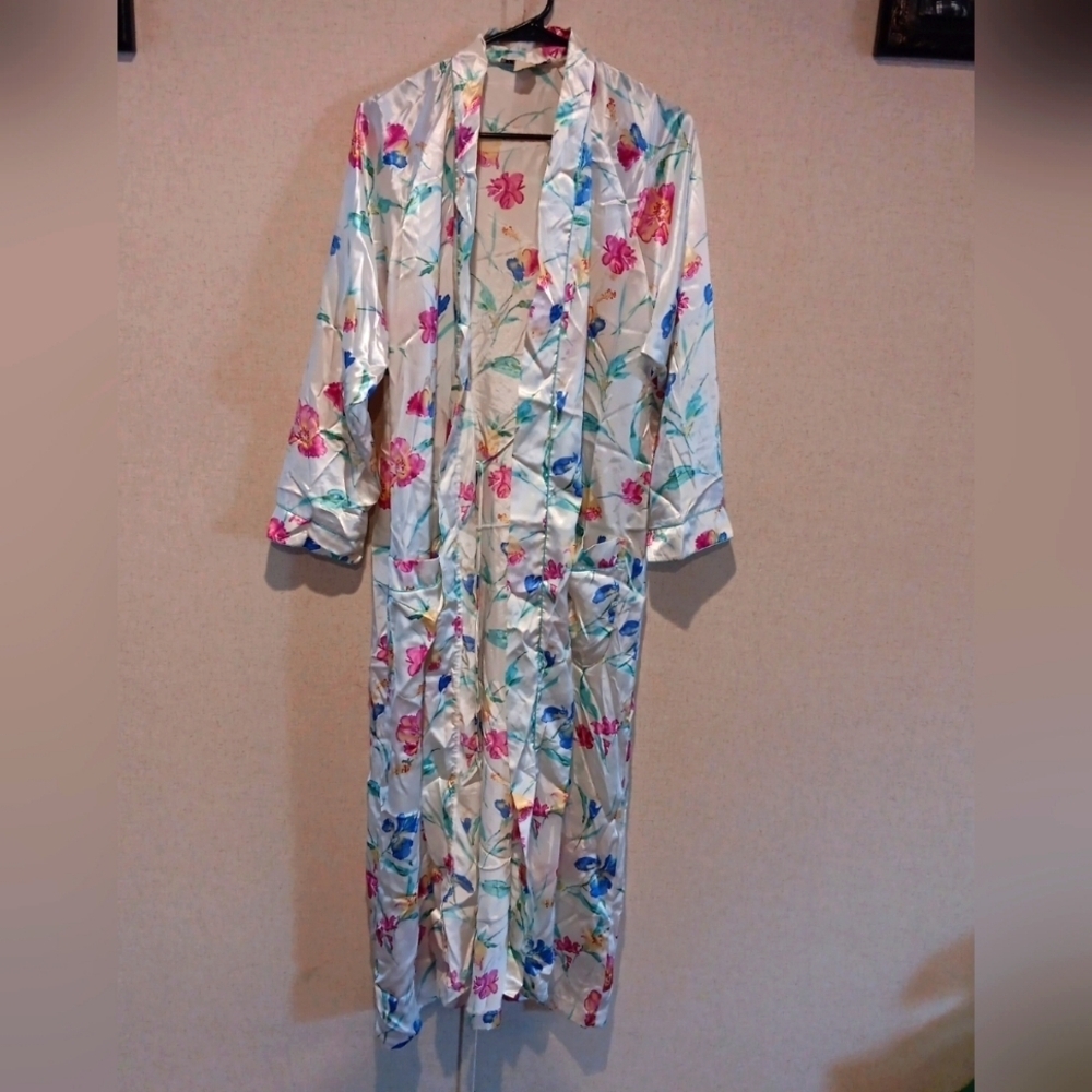 Vintage Christian Dior Robe Satin Jacquard Floral Print Bathrobe Cover Up Size M